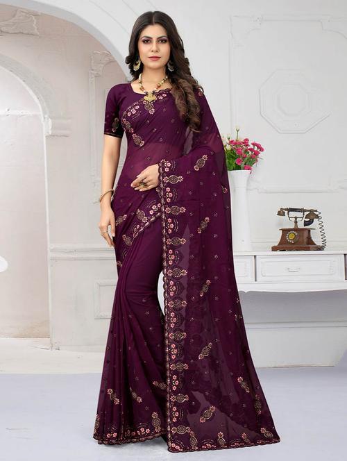 purple self design embroidered saree with blouse - 19512150 - Very Small Image - 1