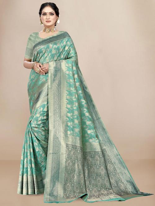 turquoise self design woven saree with blouse - 19512402 - Very Small Image - 1