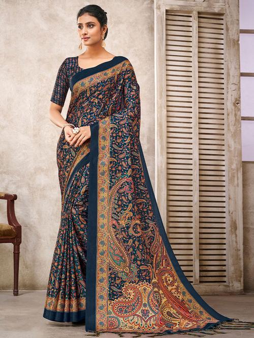 teal silk printed saree - 19512633 - Very Small Image - 1