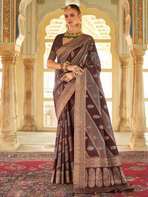 brown silk self design woven saree - 19512827 - Very Small Image - 1