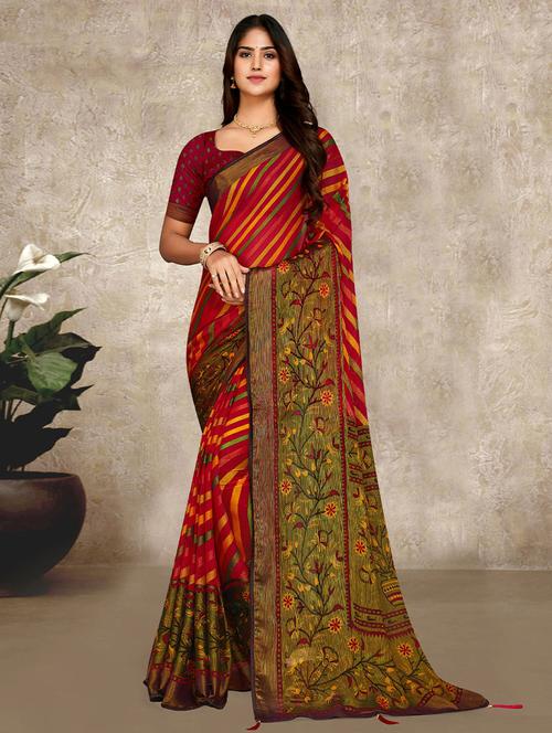red organza printed saree with blouse - 19512839 - Very Small Image - 1
