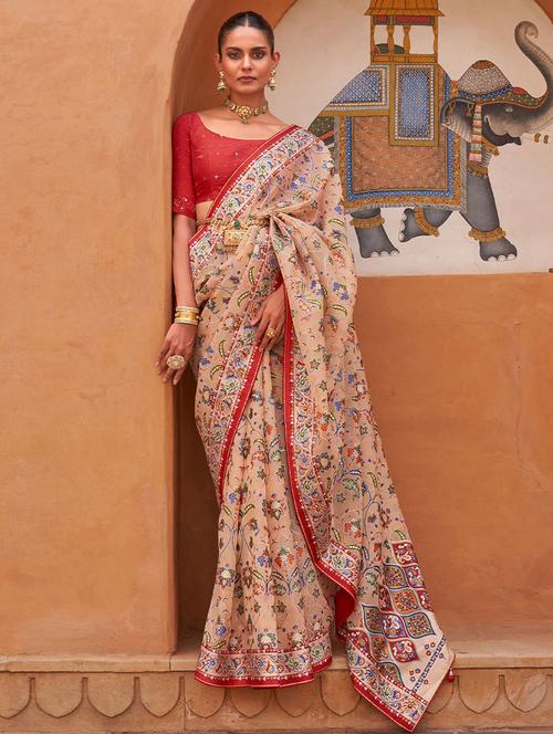 red cotton blend printed saree with blouse - 19512913 - Very Small Image - 1