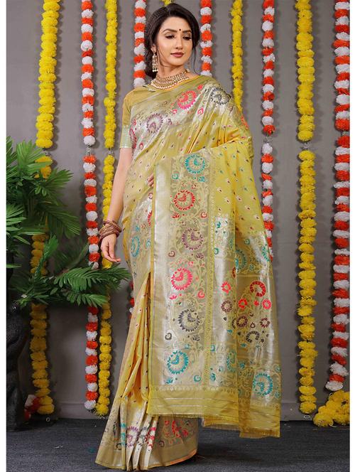 yellow silk printed saree with blouse - 19512961 - Very Small Image - 1