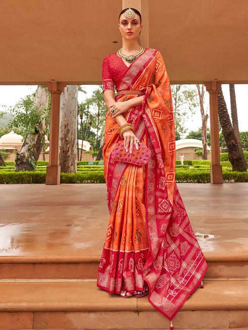 orange silk patola print saree - 19513064 - Very Small Image - 1
