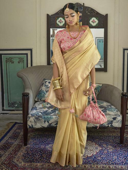 yellow self design woven saree with blouse - 19513115 - Very Small Image - 1