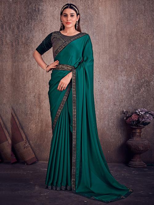 teal cotton blend self design saree with blouse - 19513184 - Very Small Image - 1