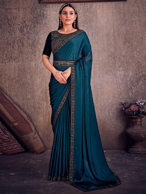 teal cotton blend self design saree with blouse - 19513187 - Very Small Image - 1