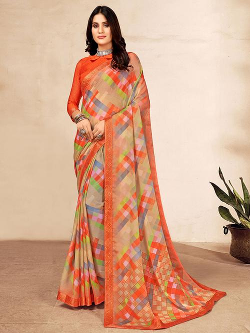 chiffon plain saree with blouse - 19513435 - Very Small Image - 1
