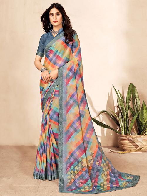 chiffon plain saree with blouse - 19513436 - Very Small Image - 1