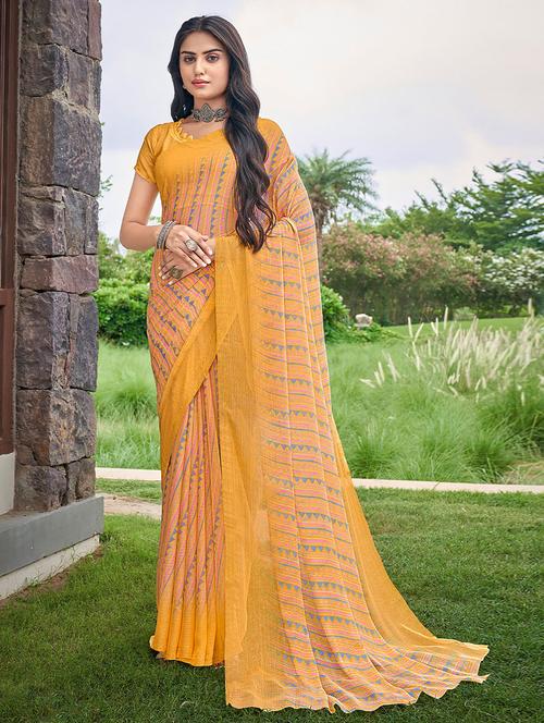 yellow chiffon saree with blouse - 19513518 - Very Small Image - 1