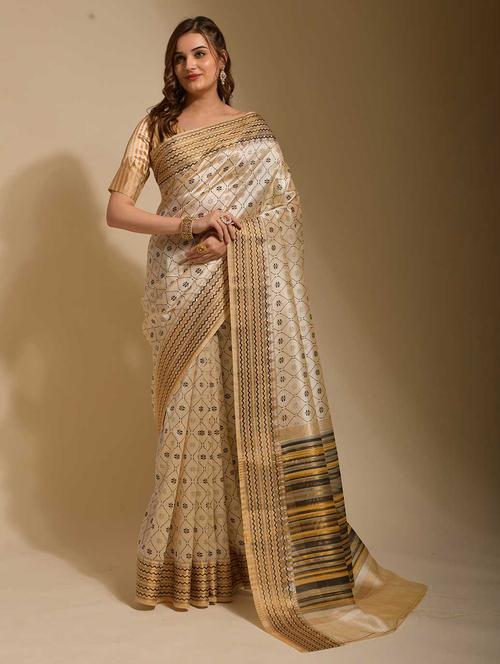 cream printed saree with blouse - 19513589 - Very Small Image - 1