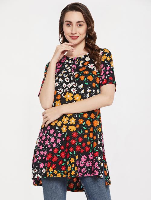 black floral print rayon regular side slit tunic - 19514398 - Very Small Image - 1