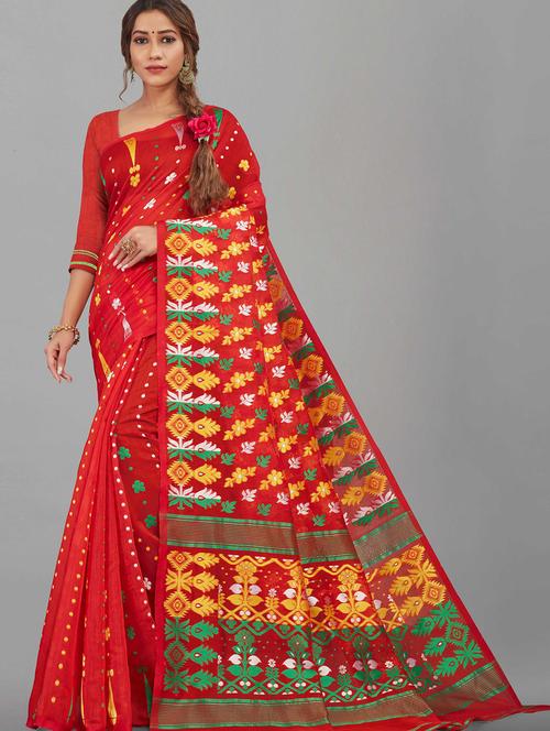 red jacquard woven printed saree with blouse - 19515748 - Very Small Image - 1