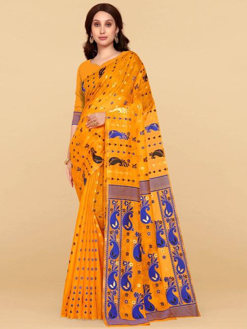 yellow linen woven printed saree with blouse - 19515977 - Very Small Image - 1