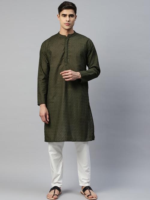 olive green cotton kurta pyjama set - 19528527 - Very Small Image - 1