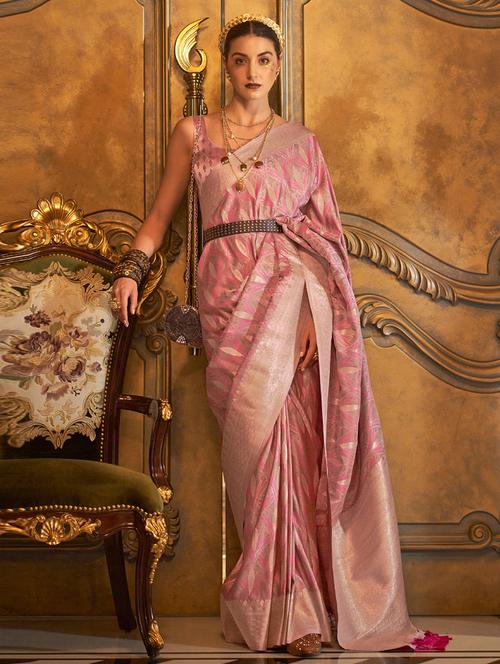 pink self design woven saree with blouse - 19529192 - Very Small Image - 1