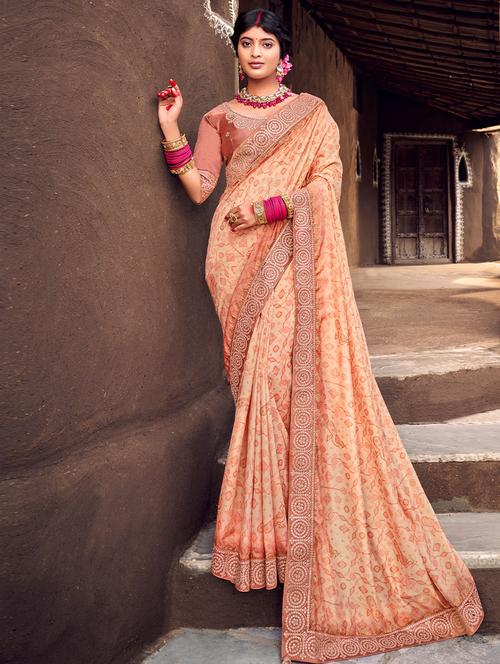 peach self design bordered saree with blouse - 19529860 - Very Small Image - 1