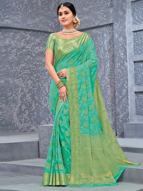 turquoise self design woven saree with blouse - 19529900 - Very Small Image - 1