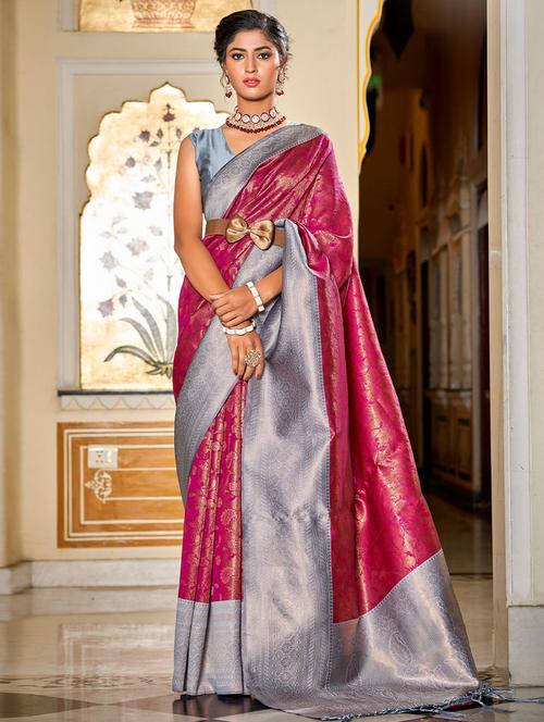 pink self design woven saree with blouse - 19529980 - Very Small Image - 1