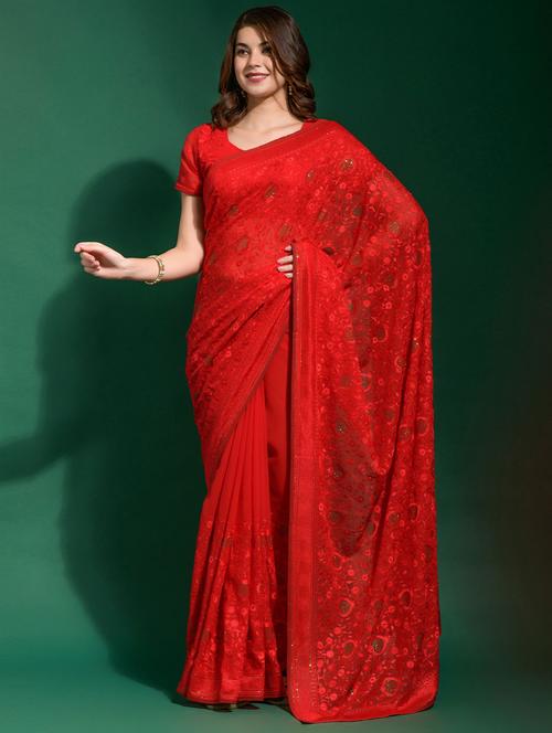 red self design embroidered saree with blouse - 19530063 - Very Small Image - 1