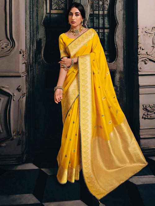 yellow self design bordered saree with blouse - 19530074 - Very Small Image - 1