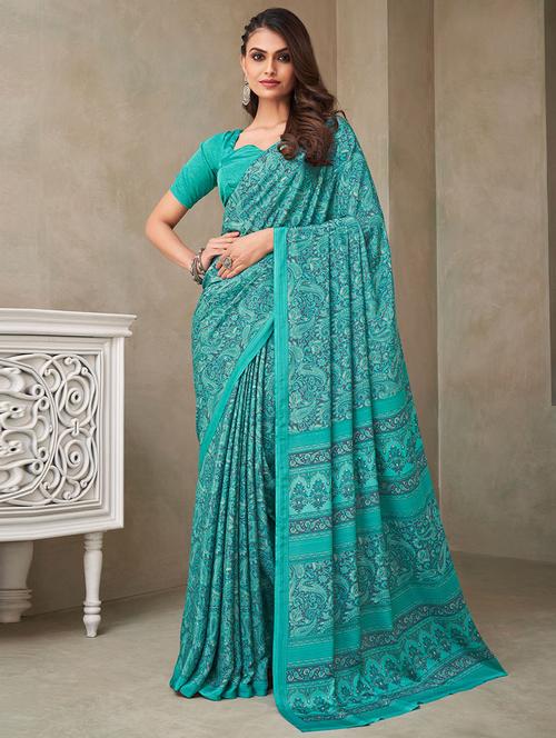 turquoise printed saree with blouse - 19530327 - Very Small Image - 1