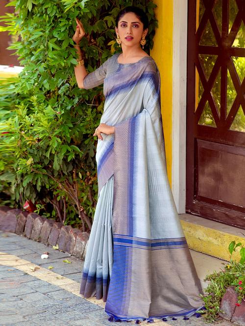 blue self design woven saree with blouse - 19530387 - Very Small Image - 1
