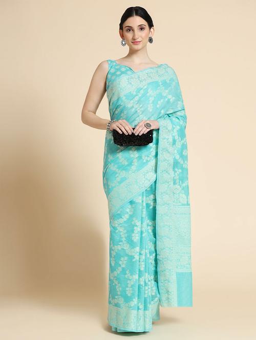 turquoise self design woven saree with blouse - 19530704 - Very Small Image - 1