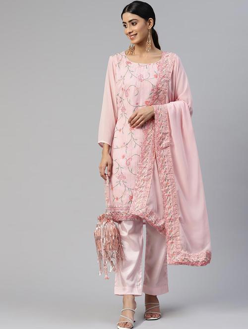 self design semi-stitched straight pant suits - 19531492 - Very Small Image - 1