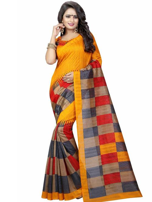 checkered print mysore silk saree with blouse - 19531934 - Very Small Image - 1