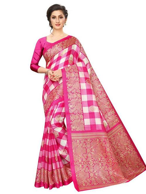 women's checks pink colored saree with blouse - 19532057 - Very Small Image - 1