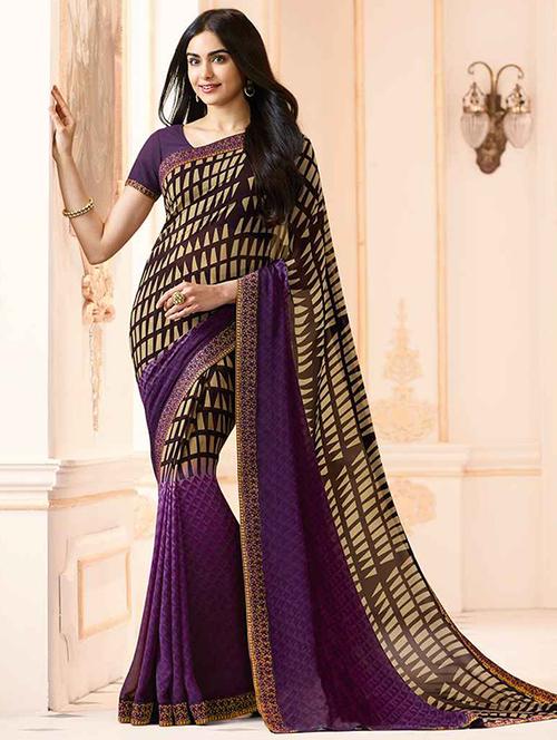purple georgette printed saree with blouse - 19555287 - Very Small Image - 1