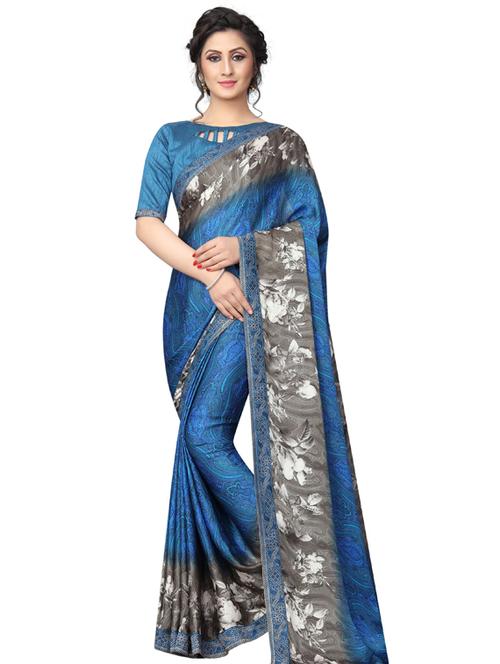 blue printed saree with blouse - 19555289 - Very Small Image - 1