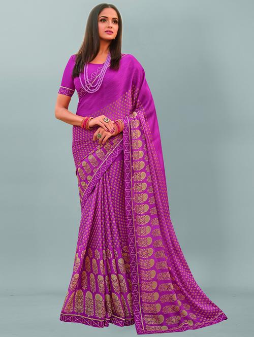 purple printed saree with blouse - 19555321 - Very Small Image - 1