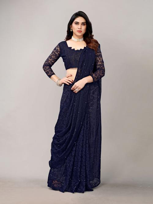 navy blue net lace saree with blouse - 19568515 - Very Small Image - 1