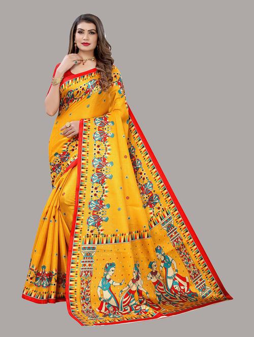 yellow art silk printed woven saree with blouse - 19568528 - Very Small Image - 1