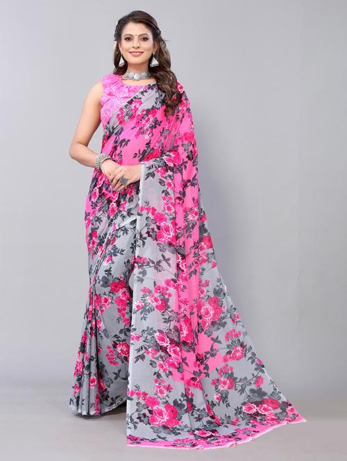 pink georgette printed saree with blouse - 19568631 - Very Small Image - 1