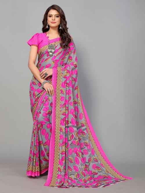 pink georgette printed saree with blouse - 19568646 - Very Small Image - 1