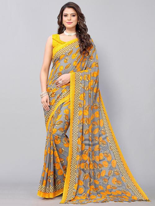 yellow georgette printed saree with blouse - 19568784 - Very Small Image - 1