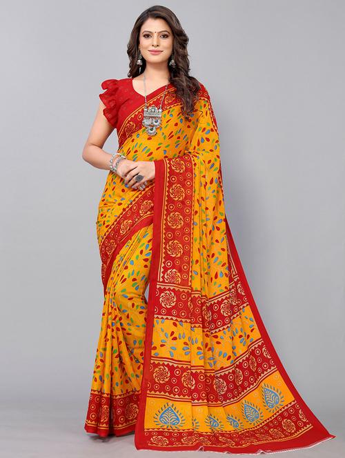yellow georgette printed woven saree with blouse - 19568844 - Very Small Image - 1