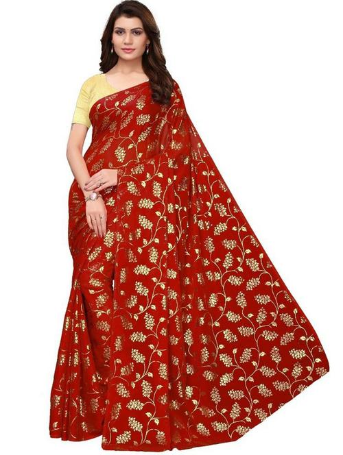 red silk blend foil print woven saree with blouse - 19568917 - Very Small Image - 1