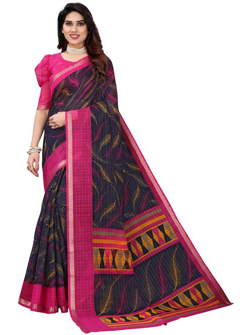 navy blue cotton blend printed saree with blouse - 19569075 - Very Small Image - 1