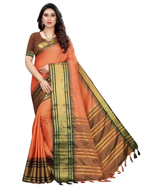 orange cotton silk woven check saree - 19569135 - Very Small Image - 1