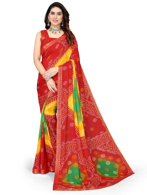 red georgette bandhani print saree with blouse - 19569181 - Very Small Image - 1