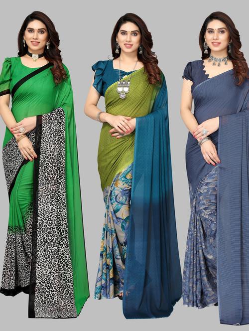 pack of 3 printed saree with blouse - 19572268 - Very Small Image - 1