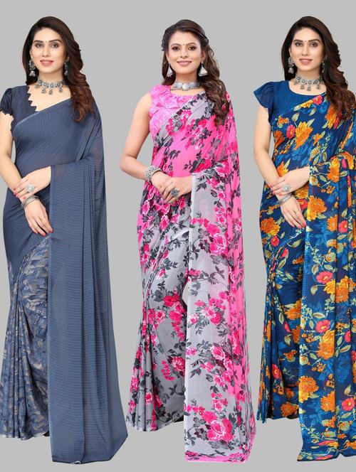 pack of 3 printed saree with blouse - 19572270 - Very Small Image - 1