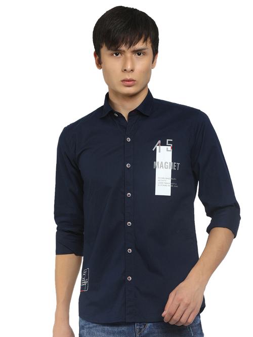 navy blue placement print detailed casual shirt - 19591111 - Very Small Image - 1