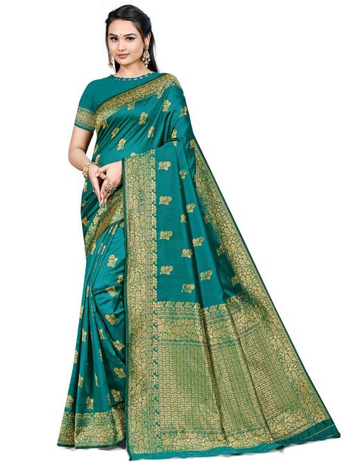 turquoise self design woven saree with blouse - 19596849 - Very Small Image - 1