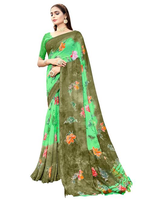 women's printed green colored saree with blouse - 19596901 - Very Small Image - 1