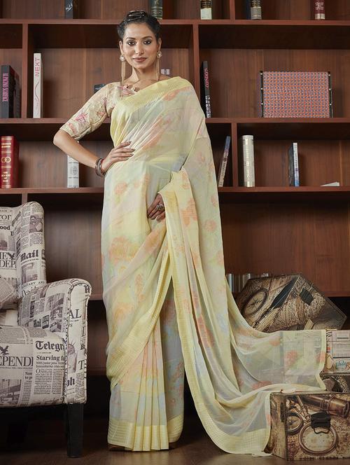 yellow self design printed saree with blouse - 19597013 - Very Small Image - 1